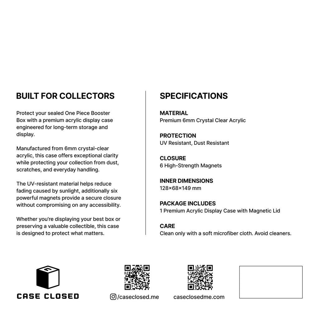 One Piece booster box case specifications - premium 6mm acrylic, UV and dust resistant, high-strength magnets