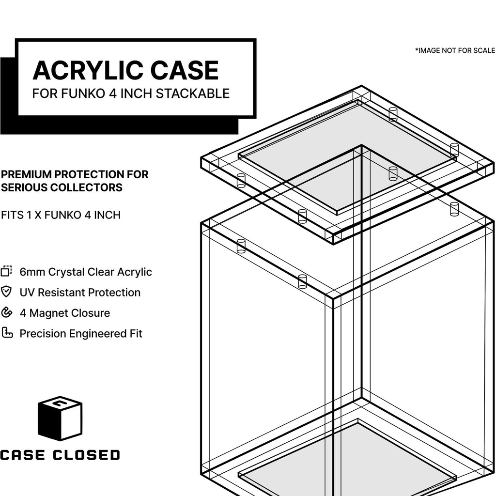 Acrylic case for Funko 4 inch stackable - 6mm crystal clear acrylic, UV resistant, 4 magnet closure, stacking lip on the lid and base