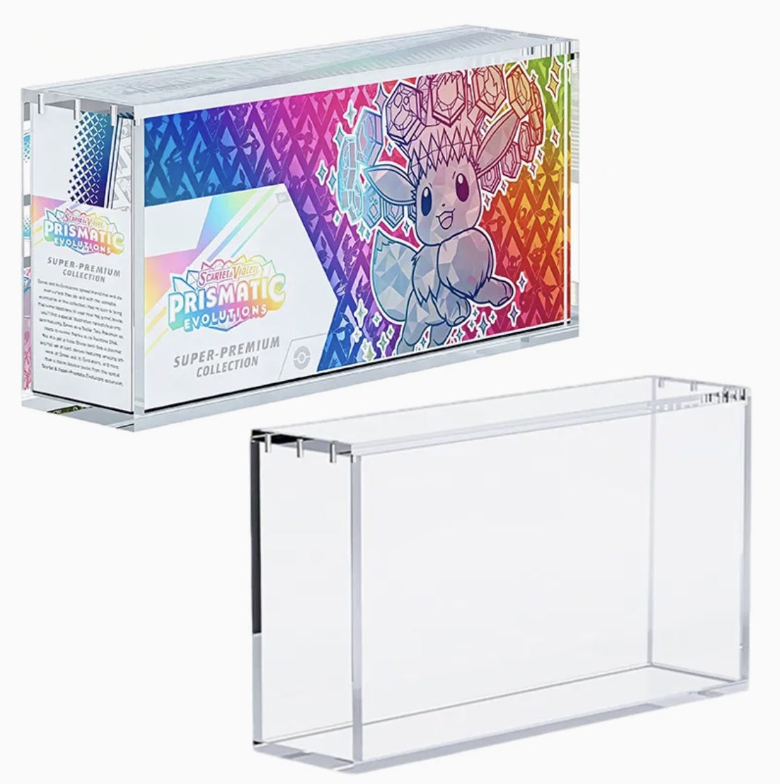 Prismatic Evolutions Super-Premium Collection box inside a clear acrylic hard protector case, shown beside the empty case
